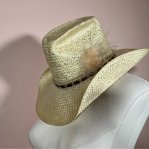 Vintage 70 80 Retro Stagecoach Natural Straw Western Cowboy Hat with Feathers - Picture 17 of 17